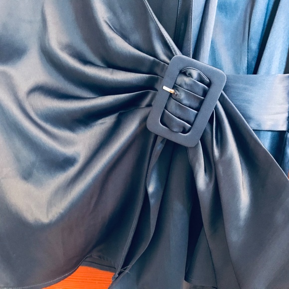 Royal Blue Satin Tie-Front Blouse - Picture 3 of 7